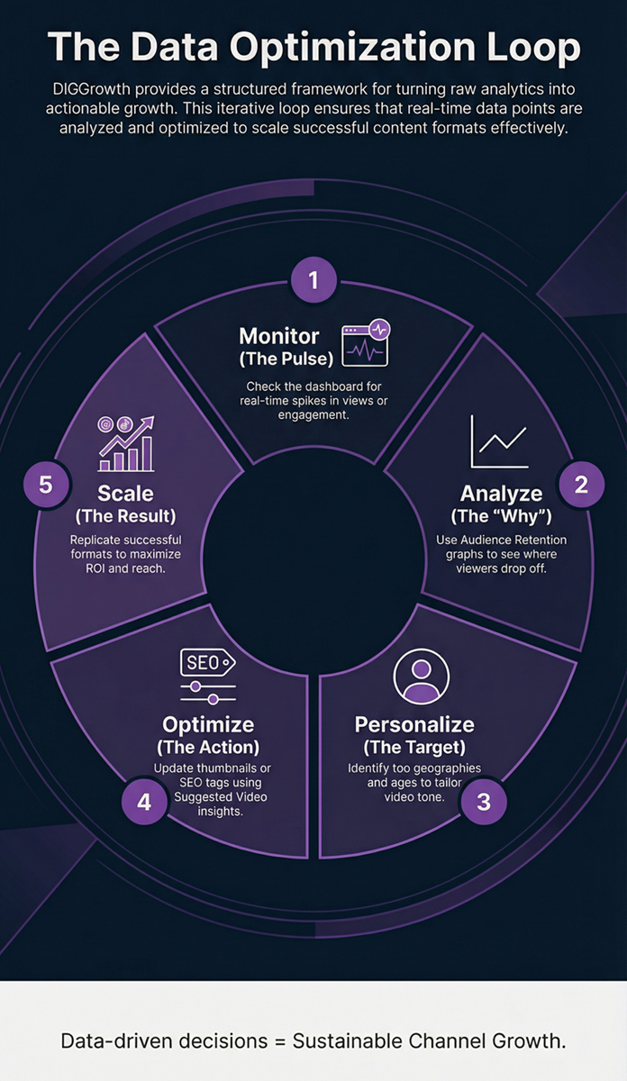 Infographic titled 'The Data Optimization Loop' outlining five steps: monitor, analyze, personalize, optimize, and scale for sustainable data-driven growth.