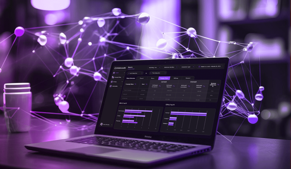 A laptop displaying graphs and data analysis on a table with a futuristic digital network overlay of nodes and connections in purple hues.