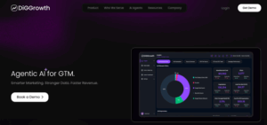  "DiGGrowth website interface with dark theme. Left side features 'Agentic AI for GTM' text and 'Book a Demo' button. Right shows a dashboard with colorful charts. Tone: modern and professional."