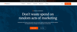 Blue textured background with white text reading "Don’t waste spend on random acts of marketing." Buttons below say "Book a demo" and "Try for free."