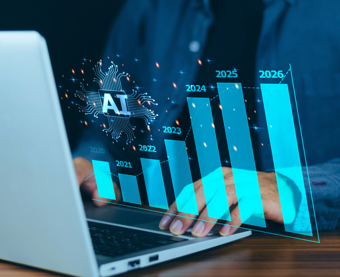 ABM KPIs and Metrics - A person analyzing a digital graph on a laptop, showcasing growth in AI from 2020 to 2026. The graph features a circuit design.