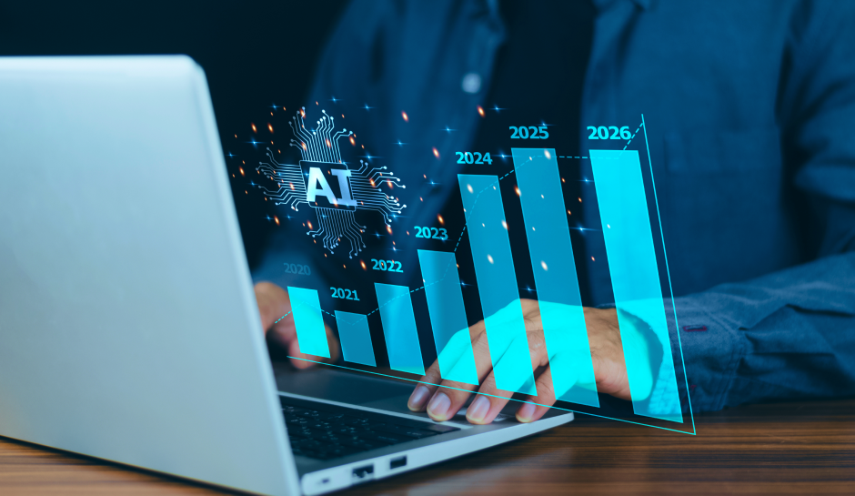 ABM KPIs and Metrics - A person analyzing a digital graph on a laptop, showcasing growth in AI from 2020 to 2026. The graph features a circuit design.