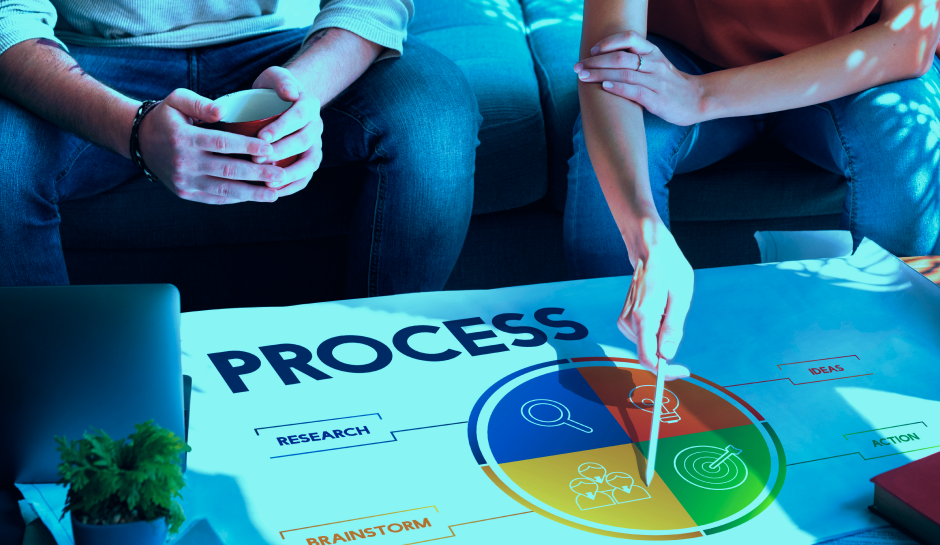abm strategy plan template - Two people brainstorming over a table displaying a colorful 