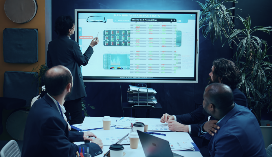 A business meeting where a presenter points at a digital display filled with financial data and charts, while colleagues observe.
