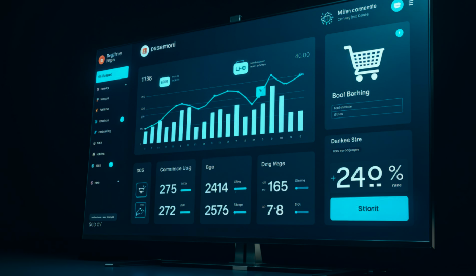 A digital dashboard displays various metrics and graphs, showcasing data analysis with statistics and charts in a dark theme.