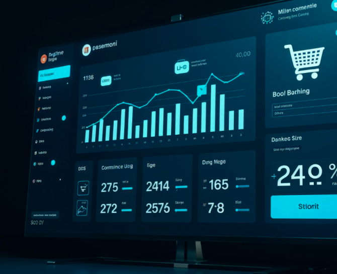 A digital dashboard displays various metrics and graphs, showcasing data analysis with statistics and charts in a dark theme.