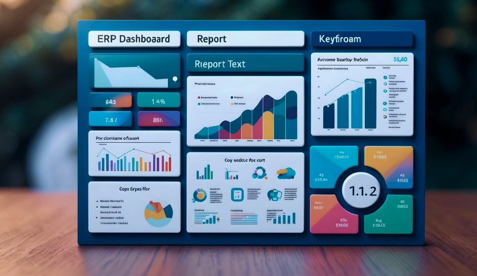 An ERP dashboard featuring various colorful charts, graphs, and statistics summarizing performance data and key metrics.