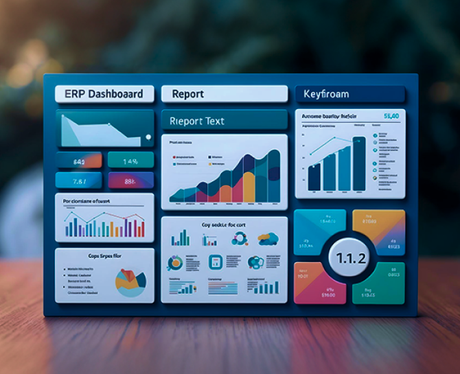 An ERP dashboard featuring various colorful charts, graphs, and statistics summarizing performance data and key metrics.