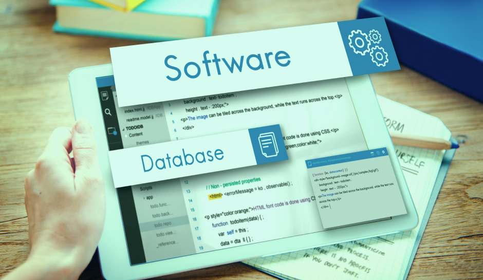 A person holding a tablet displaying code for software and database concepts, with colorful books in the background.