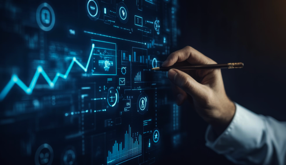 A hand using a stylus interacts with a digital interface displaying graphs and various icons, symbolizing data analysis and technology.