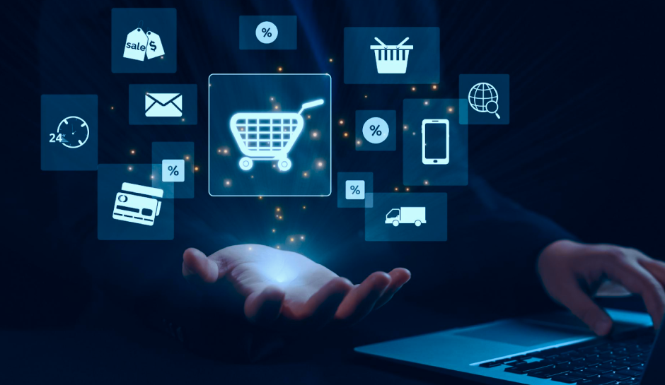 Best Ecommerce Anlytics Tools - A person's hand holds a glowing digital shopping cart, surrounded by various e-commerce icons like sales, emails, and delivery symbols.
