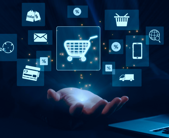 Best Ecommerce Anlytics Tools - A person's hand holds a glowing digital shopping cart, surrounded by various e-commerce icons like sales, emails, and delivery symbols.