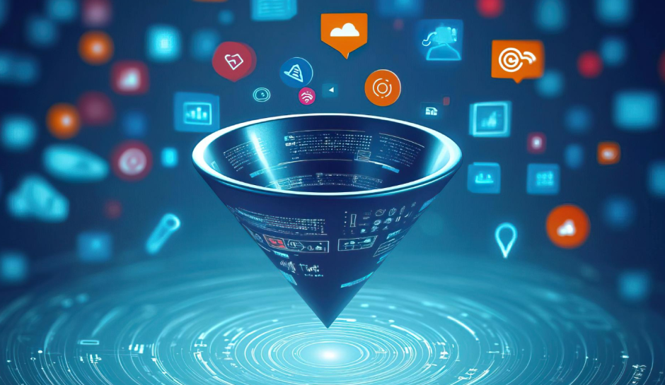 A digital funnel surrounded by colorful social media icons and data graphics, symbolizing data analysis and information flow.