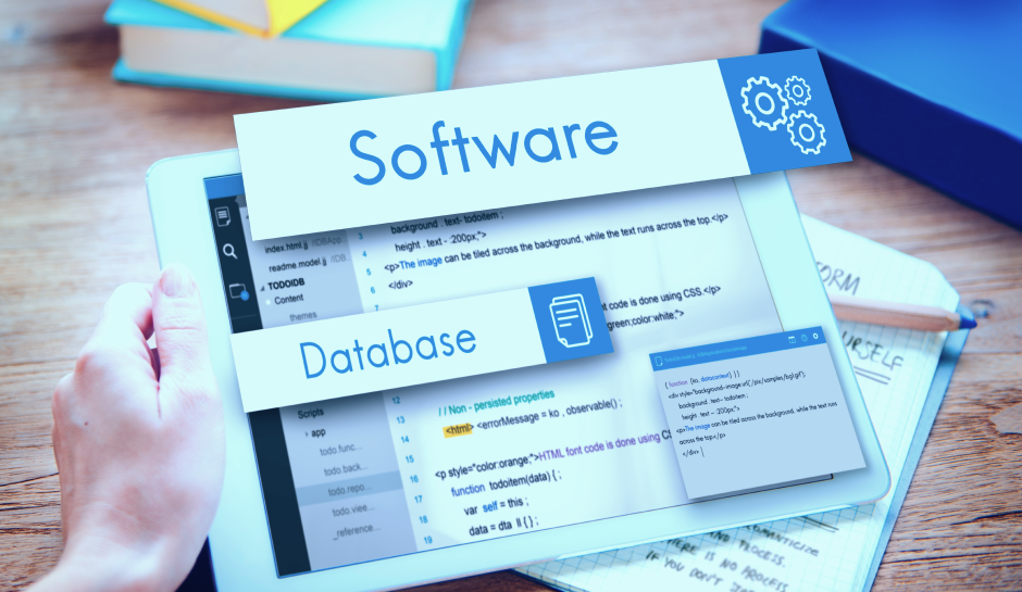A person holds a tablet displaying code, with the words 