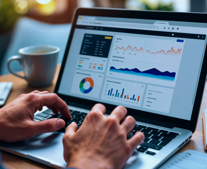 A person types on a laptop displaying colorful data analytics and charts, with a coffee cup in the background.