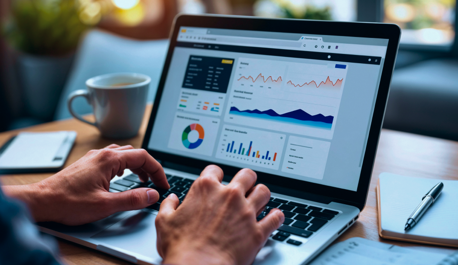 A person types on a laptop displaying colorful data analytics and charts, with a coffee cup in the background.