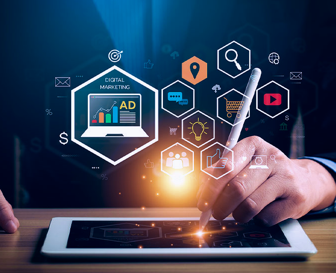 A hand using a stylus on a tablet surrounded by digital marketing icons and graphs, symbolizing online advertising and analytics.