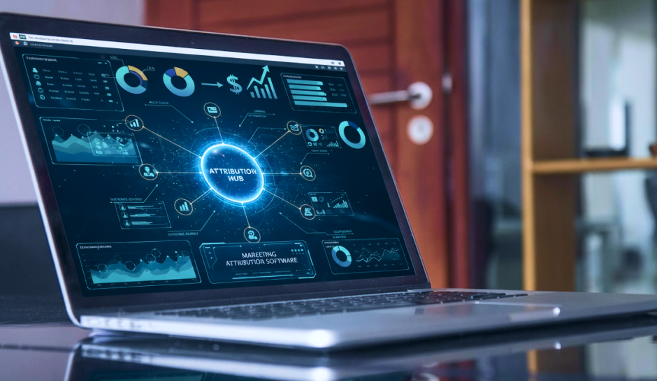 A laptop displays a digital dashboard for attribution software, showcasing graphs and analytics related to marketing performance.