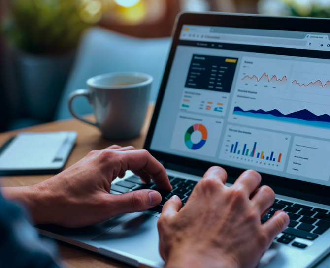 A person’s hands typing on a laptop displaying data visualizations and analytics, with a coffee cup and notepad in the background.