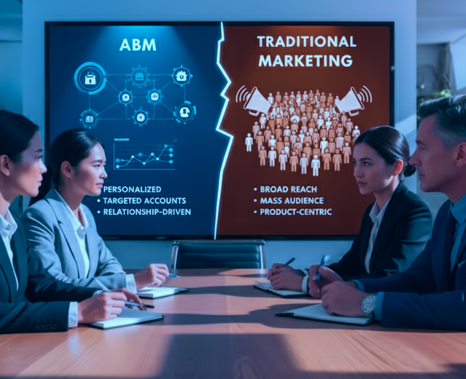 A business meeting features a presentation comparing ABM and traditional marketing strategies on a large screen.