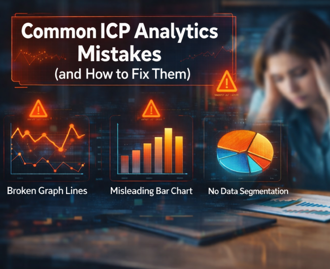 Graphic highlighting common ICP analytics mistakes: broken graphs, misleading bar charts, and lack of data segmentation, with solutions suggested.