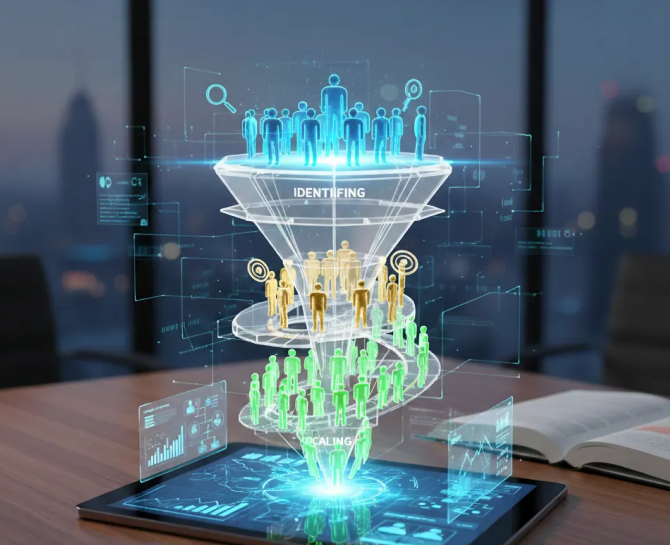 A 3D digital funnel graphic displays layers of people icons, labeled "Identifying" and "Scaling," set against a sleek, modern workspace.