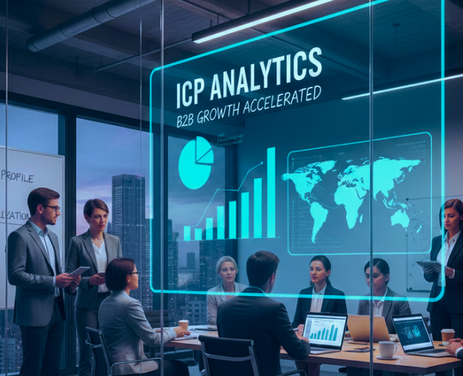 A modern conference room with a digital display showcasing graphs and data on B2B growth analytics, with professionals in discussion.