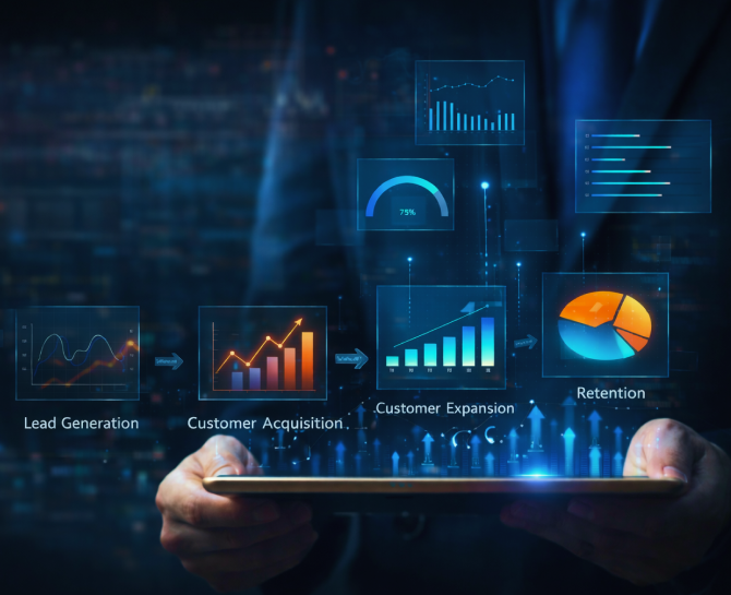 A person in a suit holds a tablet, displaying a flow of marketing metrics: Lead Generation, Customer Acquisition, Expansion, and Retention visuals.