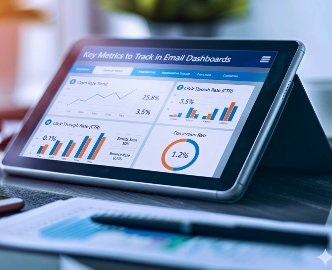 Tablet displaying an email dashboard with key metrics like open rate, click-through rate, bounce rate, and conversion rate charts.