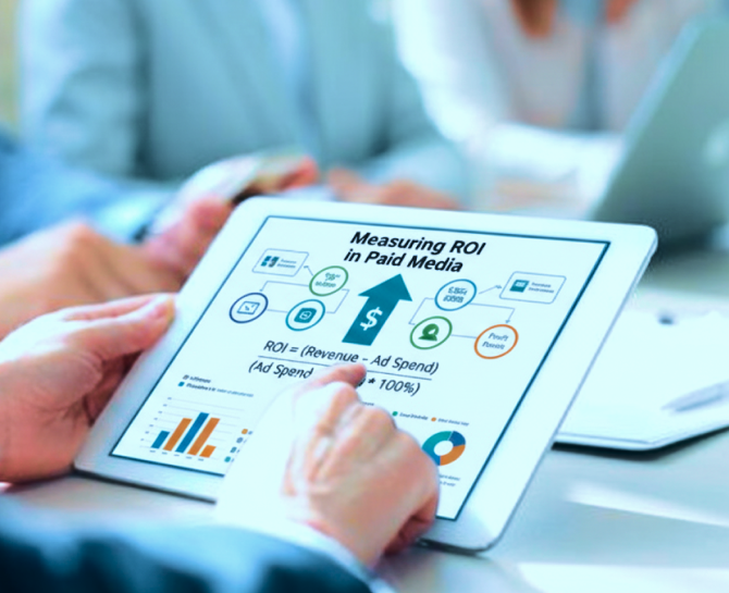 A person holds a tablet displaying a chart on measuring ROI in paid media, with graphs and formulas visible.