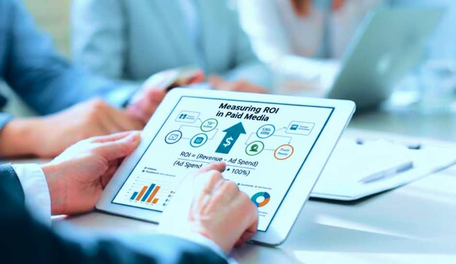 A person holds a tablet displaying a chart on measuring ROI in paid media, with graphs and formulas visible.