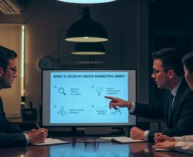 Professionals discussing account-based marketing strategies, with a presentation highlighting key steps on a screen.