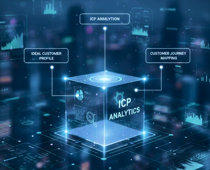 A futuristic digital interface showcasing a 3D cube labeled "ICP Analytics" with data points for customer profiling and journey mapping.