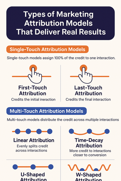 Infographic titled 'Types of Marketing Attribution Models That Deliver Real Results', explaining single-touch and multi-touch attribution models including first-touch, last-touch, linear, time-decay, U-shaped, and W-shaped.