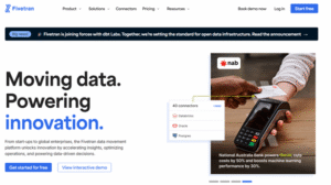 Fivetran webpage featuring a bold headline 'Moving data. Powering innovation.' with text highlighting data movement solutions. Image of a hand tapping a card on a payment terminal symbolizes digital transactions. Keywords include connectors for Databricks, Oracle, and Postgres, emphasizing versatile connectivity. The tone conveys technological advancement.