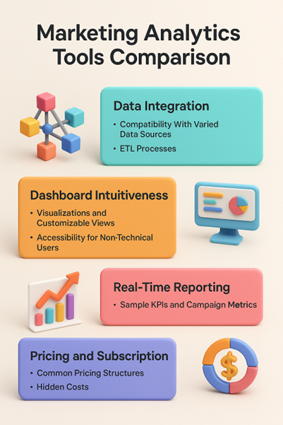 Marketing Analytics Tools Comparison infographic highlighting data integration, dashboard intuitiveness, real-time reporting, and pricing factors.