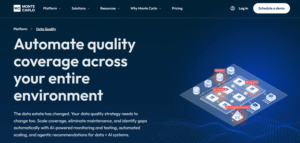 Monte Carlo website offers data quality automation solutions. Key message: 'Automate quality coverage across your entire environment.' Features AI-powered monitoring tools on a digital dashboard. Tone is professional and tech-focused.