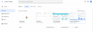 Looker Studio interface displaying a search bar at the top. Below is a sidebar with options like "Recent," "Shared with me," and "Templates." The main area shows template options like Blank Report, GA4 Report, and others, with small thumbnail previews. The tone is professional and organized.