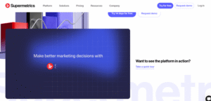 Supermetrics website homepage with dark blue grid background. Text reads 'Make better marketing decisions with.' Navigation bar on top and call-to-action buttons for 'Try for free' and 'Request demo' are visible.