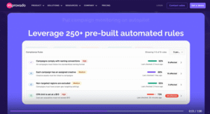 Dashboard showcasing 'Leverage 250+ pre-built automated rules' with a list of compliance rules. Includes status indicators, dates, and issue quantities on a purple background.