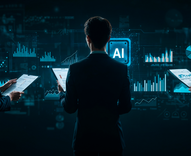 A person in a suit stands before a digital display showcasing graphs and the word "AI," holding tablets in both hands, analyzing data.