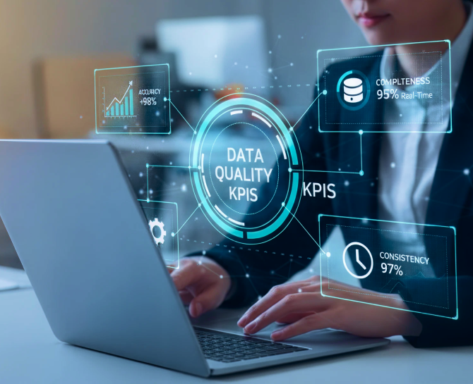 Person at a laptop with holographic display showing "Data Quality KPIs," including metrics like Accuracy, Completeness, and Consistency.