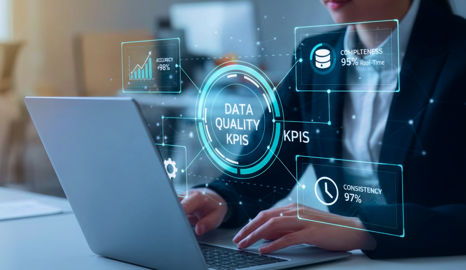 Person at a laptop with holographic display showing 