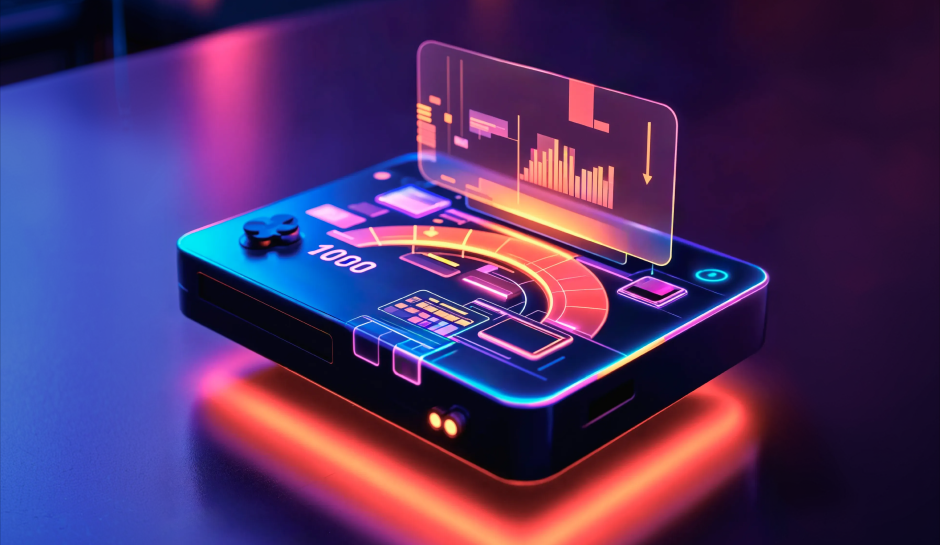 A futuristic gaming console with glowing controls and a translucent screen displaying data, set against a vibrant, illuminated background.