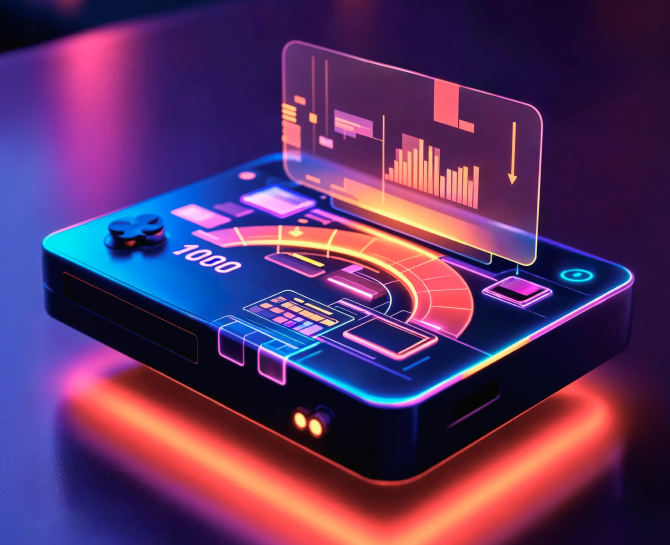 A futuristic gaming console with glowing controls and a translucent screen displaying data, set against a vibrant, illuminated background.