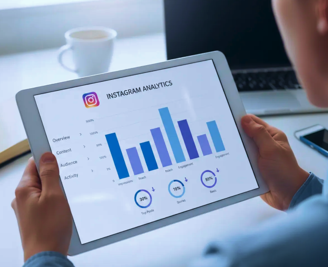Person holding a tablet displaying Instagram analytics charts, highlighting impressions, reach, and engagement metrics. A coffee cup is in the background.