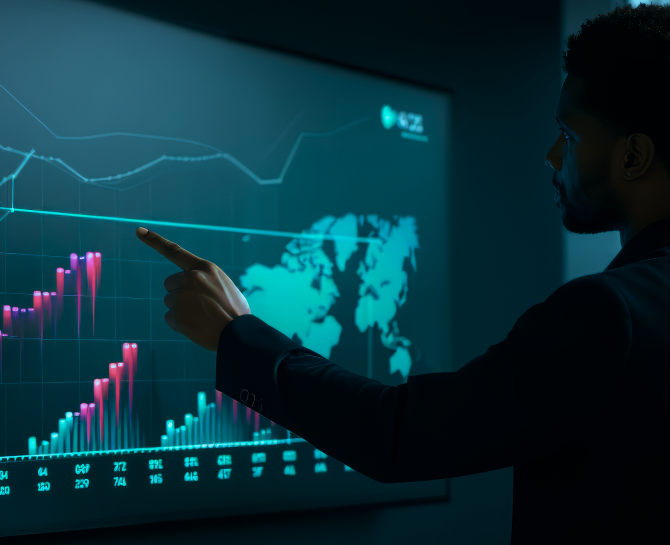 A person in a suit interacts with a glowing digital screen displaying graphs and a world map. The scene is dimly lit, indicating focus and analysis.