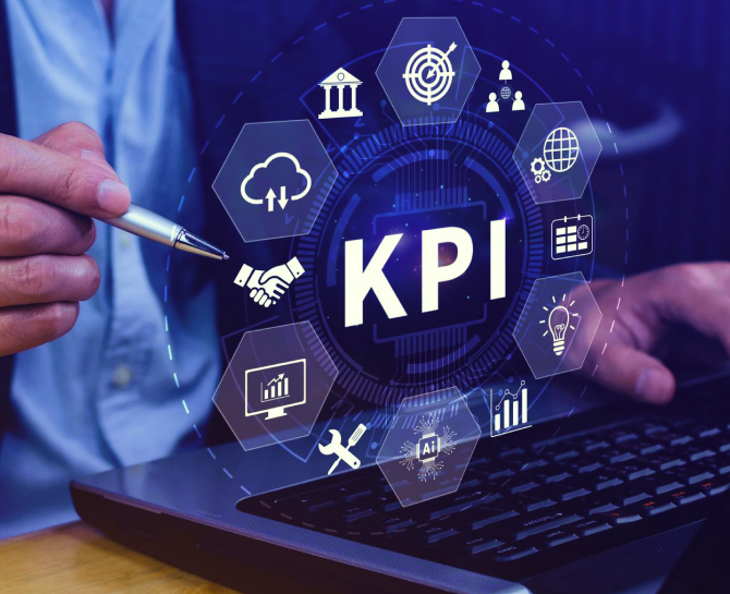 A person holding a pen over a laptop, with a digital overlay displaying various KPI-related icons like charts, targets, and tools.