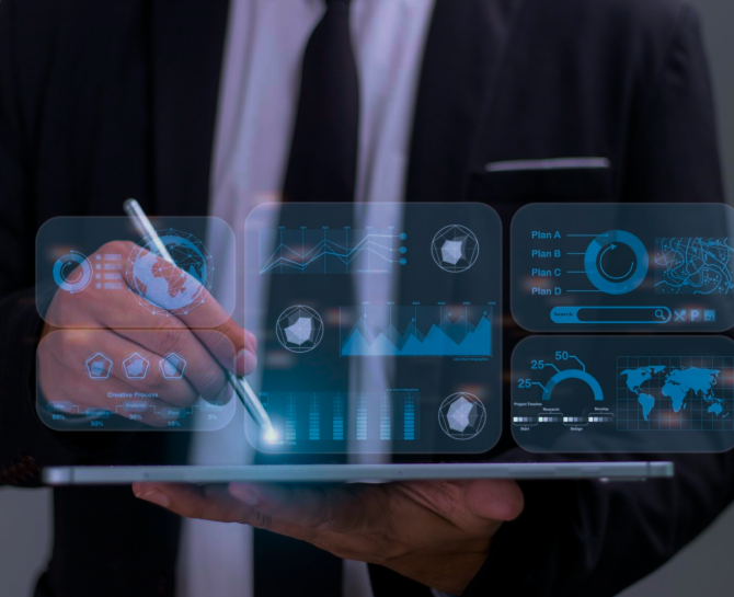 Business professional in a suit interacts with a tablet, displaying digital blue graphs and charts, symbolizing data analysis and technology.