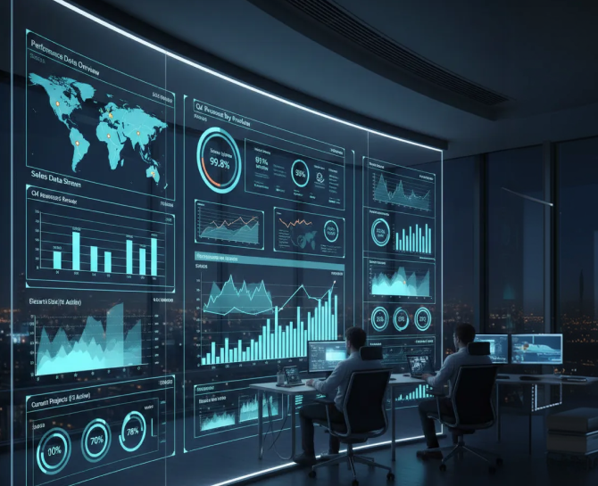 Two analysts work in a modern office, analyzing interactive data displays and charts against a city skyline at night.